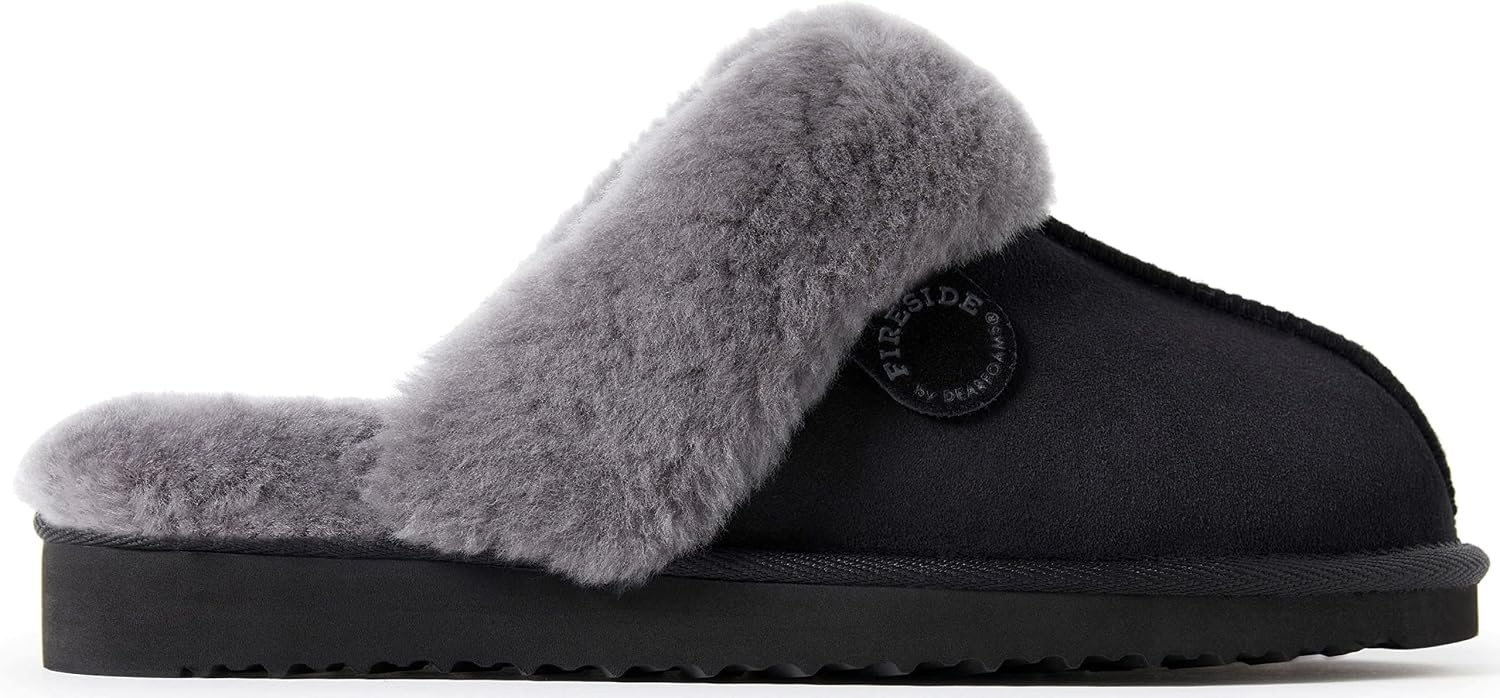 image:imageDearfoams Womens Fireside Sydney Shearling IndoorOutdoor Scuff Slipper with Wide Widths BlackGrey Fur 8