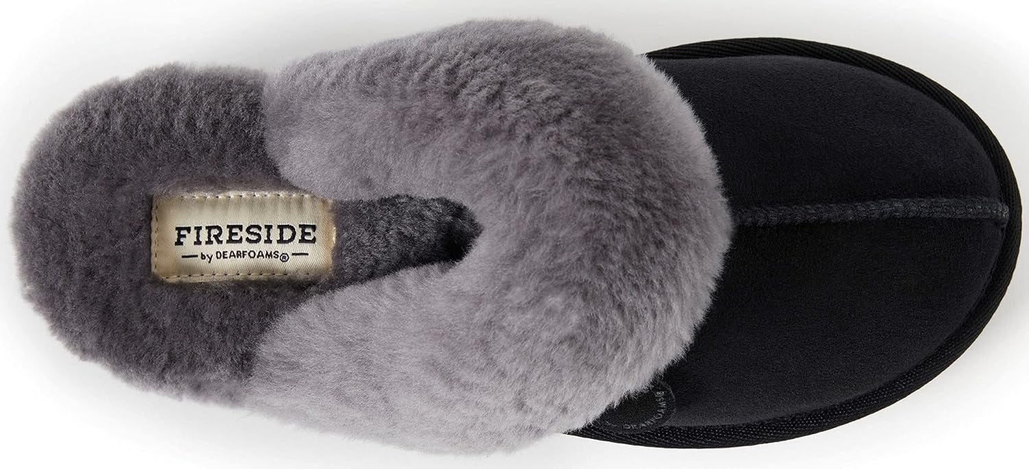 image:imageDearfoams Womens Fireside Sydney Shearling IndoorOutdoor Scuff Slipper with Wide Widths BlackGrey Fur 8