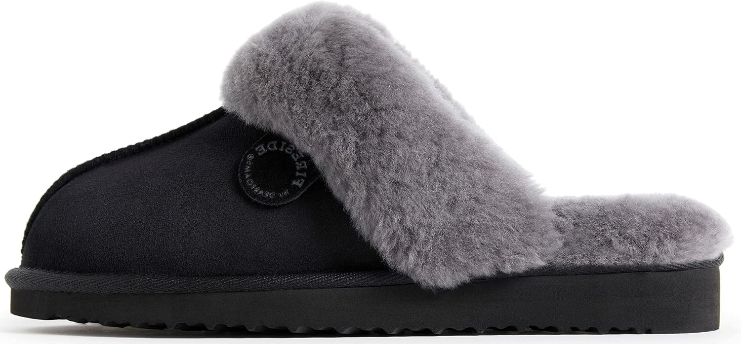 image:imageDearfoams Womens Fireside Sydney Shearling IndoorOutdoor Scuff Slipper with Wide Widths BlackGrey Fur 8