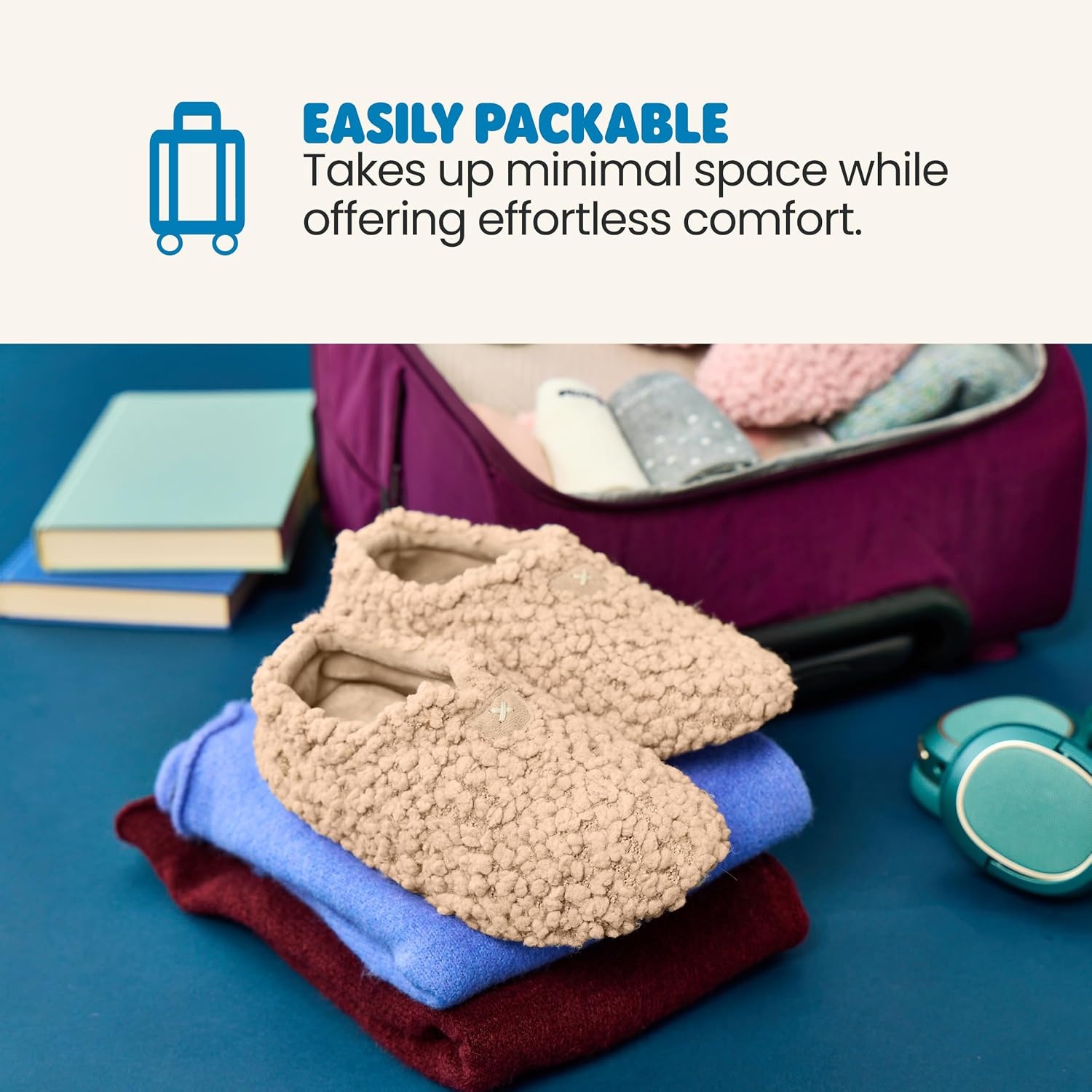 image:imageDearfoams Womens Memory Foam Non Slip Sherpa Indoor Travel House Shoes Slipper Sock With Storage BagTan Sherpa
