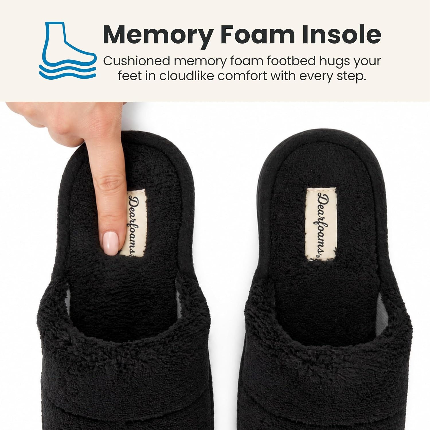 image:imageDearfoams womens Sharon Terry Slide House Shoes With Memory Foam Fuzzy Cozy Indoor Summer SlippersBlack