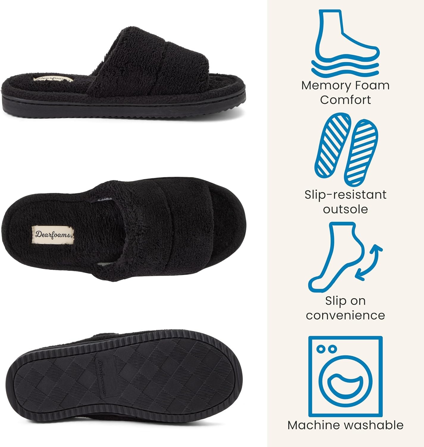 image:imageDearfoams womens Sharon Terry Slide House Shoes With Memory Foam Fuzzy Cozy Indoor Summer SlippersBlack