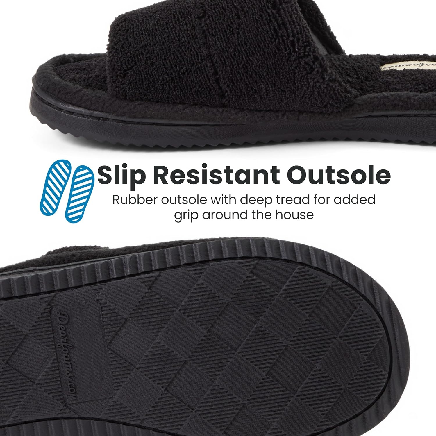image:imageDearfoams womens Sharon Terry Slide House Shoes With Memory Foam Fuzzy Cozy Indoor Summer SlippersBlack