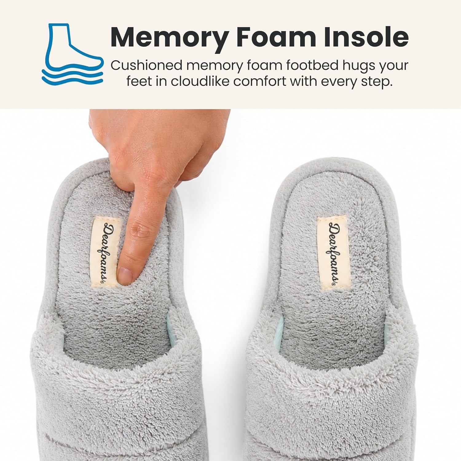 image:imageDearfoams womens Sharon Terry Slide House Shoes With Memory Foam Fuzzy Cozy Indoor Summer SlippersGrey
