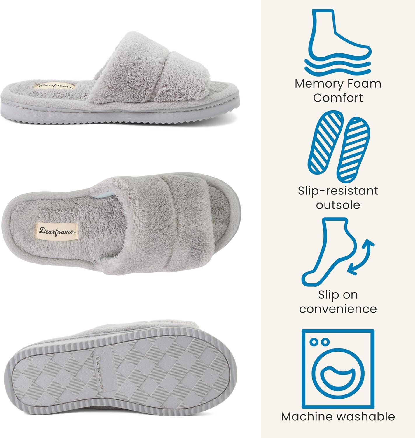 image:imageDearfoams womens Sharon Terry Slide House Shoes With Memory Foam Fuzzy Cozy Indoor Summer SlippersGrey