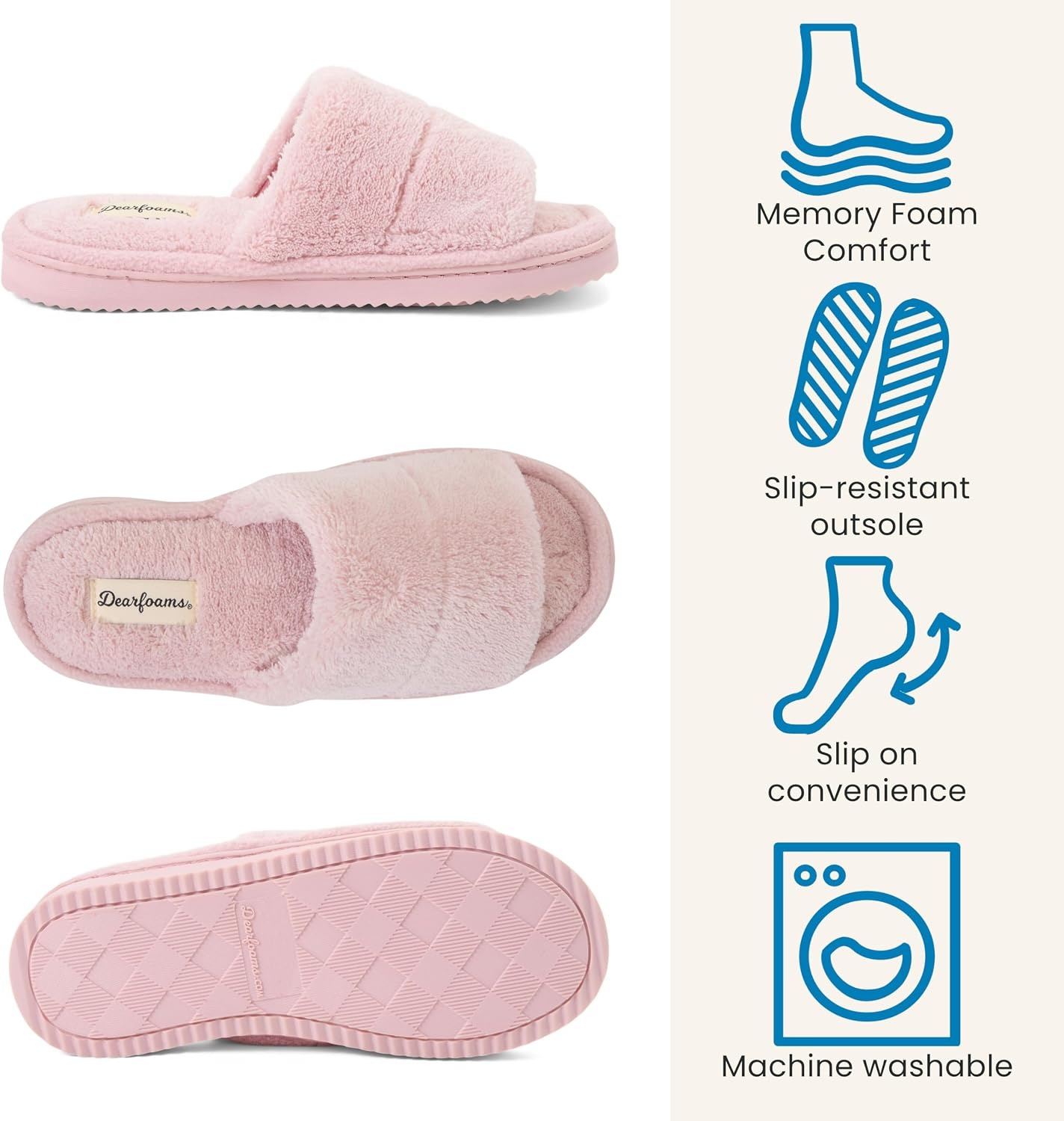 image:imageDearfoams womens Sharon Terry Slide House Shoes With Memory Foam Fuzzy Cozy Indoor Summer SlippersLight Pink