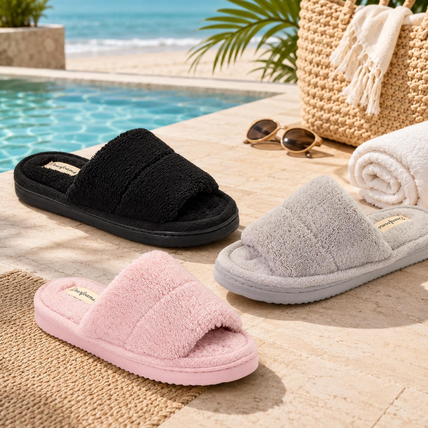 image:imageDearfoams womens Sharon Terry Slide House Shoes With Memory Foam Fuzzy Cozy Indoor Summer SlippersLight Pink