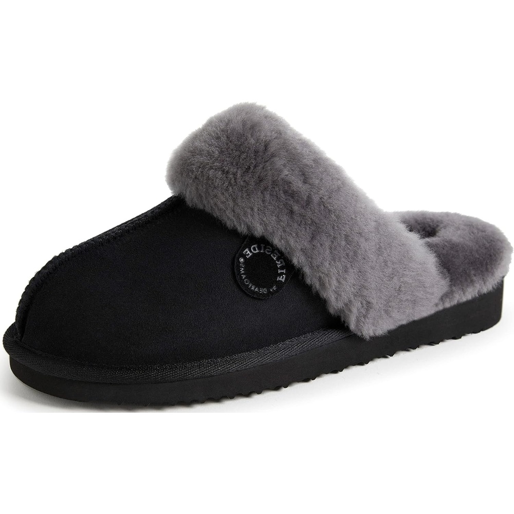 image:imageDearfoams Womens Fireside Sydney Shearling IndoorOutdoor Scuff Slipper with Wide Widths BlackGrey Fur 7