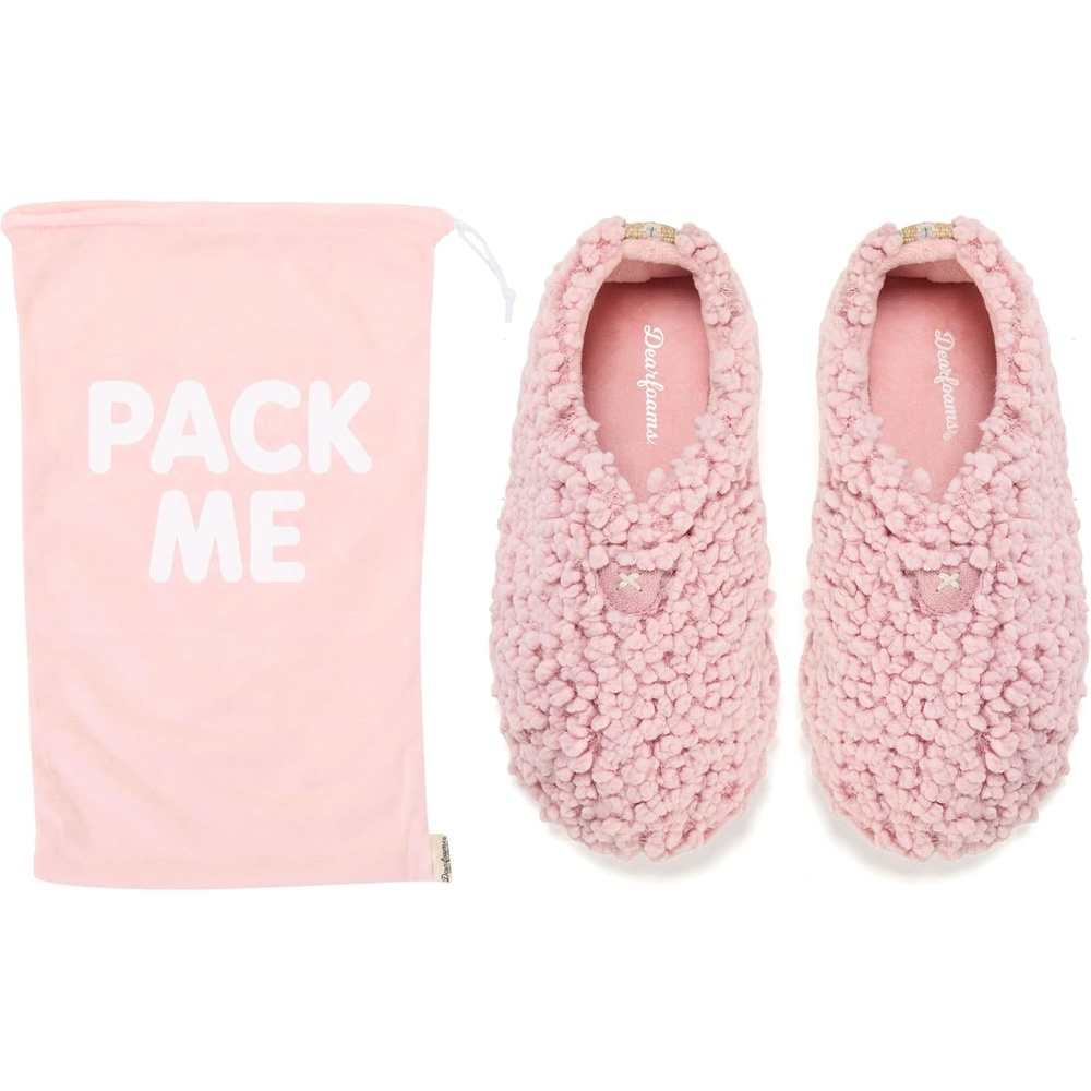 image:imageDearfoams Womens Memory Foam Non Slip Sherpa Indoor Travel House Shoes Slipper Sock With Storage BagPink Sherpa