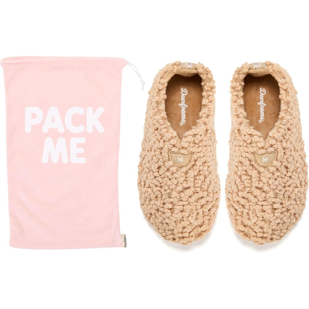 image:imageDearfoams Womens Memory Foam Non Slip Sherpa Indoor Travel House Shoes Slipper Sock With Storage BagTan Sherpa