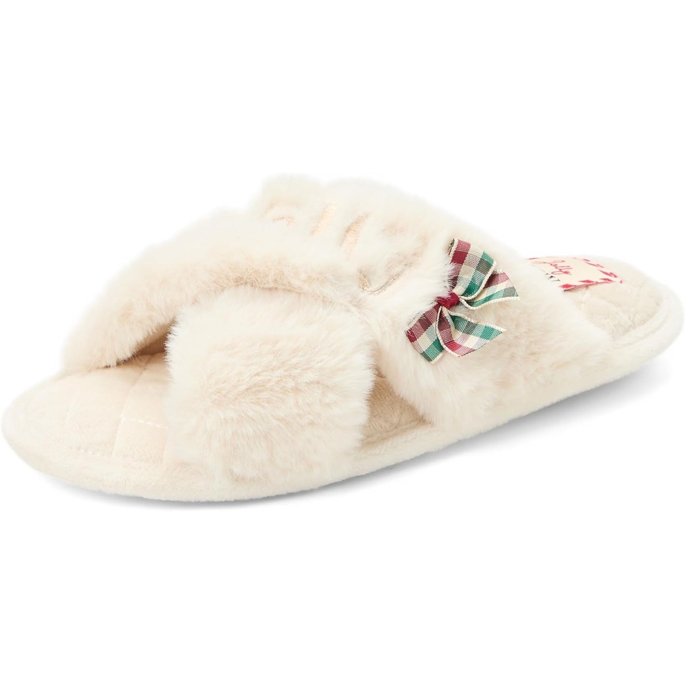 image:imageDearfoams womens Acquired Style amp Danielle Pheloung Memory Foam Jessica Cozy Bow Cross Band SlideHolly Jolly