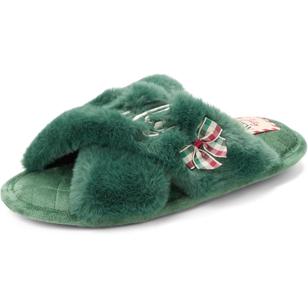 image:imageDearfoams womens Acquired Style amp Danielle Pheloung Memory Foam Jessica Cozy Bow Cross Band SlideSanta Baby