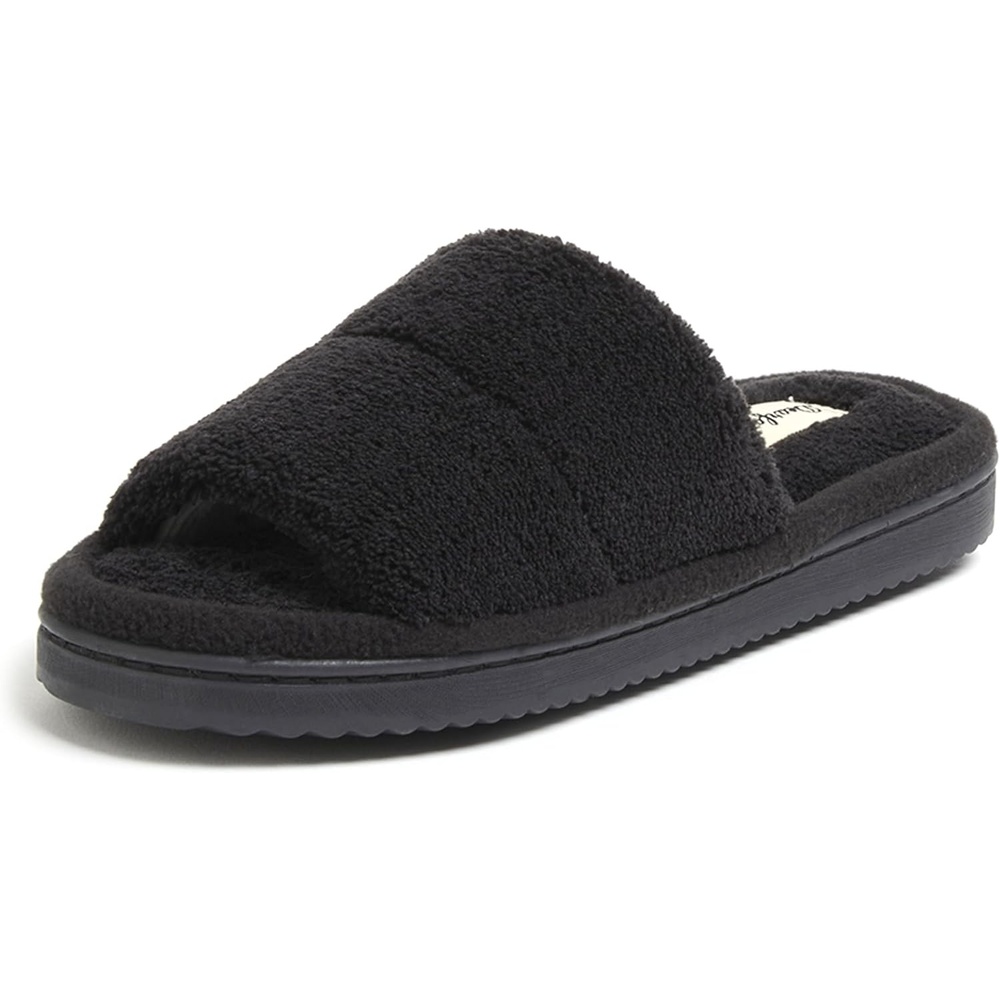 image:imageDearfoams womens Sharon Terry Slide House Shoes With Memory Foam Fuzzy Cozy Indoor Summer SlippersBlack
