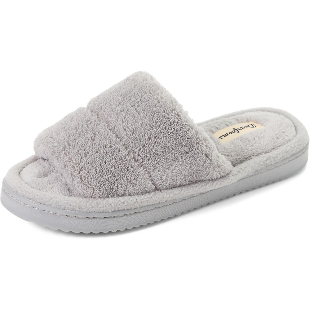 image:imageDearfoams womens Sharon Terry Slide House Shoes With Memory Foam Fuzzy Cozy Indoor Summer SlippersGrey