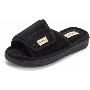Dearfoams Mickey Adjustable Terry Slide, Memory Foam Washable Open Toe Indoor Summer House Slippers(Black Terry)