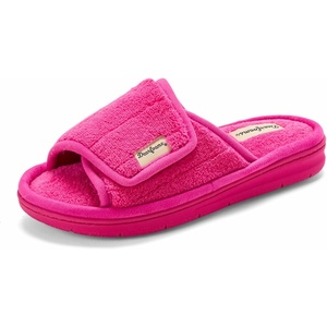 Dearfoams Mickey Adjustable Terry Slide, Memory Foam Washable Open Toe Indoor Summer House Slippers(Paradise Pink Terry)