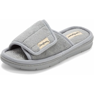 Dearfoams Mickey Adjustable Terry Slide, Memory Foam Washable Open Toe Indoor Summer House Slippers(Sleet Terry)