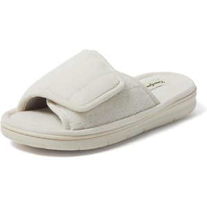 Dearfoams Mickey Adjustable Terry Slide, Memory Foam Washable Open Toe Indoor Summer House Slippers(White)
