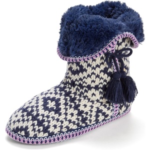 Dearfoams Women’s Bootie Slipper Socks – Memory Foam Fuzzy Indoor House Shoes, Soft Knit Becky Slippers(Peacoat)
