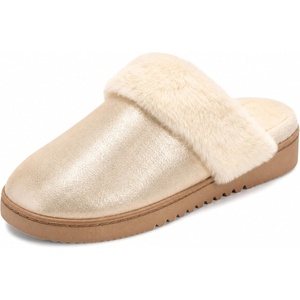 Dearfoams Women’s Memory Foam House Shoes Slip on Microsuede Scuff, Plush Lined Indoor Outdoor Slippers(Gold Metallic)