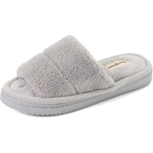 Dearfoams womens Sharon Terry Slide House Shoes With Memory Foam, Fuzzy Cozy Indoor Summer Slippers(Grey)