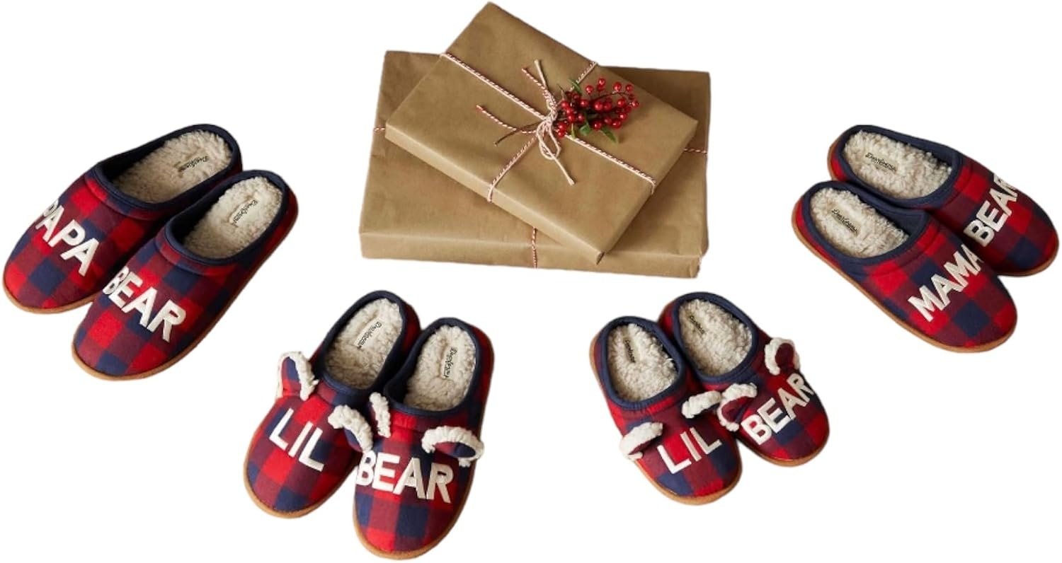 image:imageDearfoams Memory Foam Lil Bear Buffalo Plaid Slippers 910Red