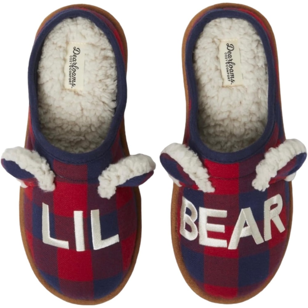 image:imageDearfoams Memory Foam Lil Bear Buffalo Plaid Slippers 910Red