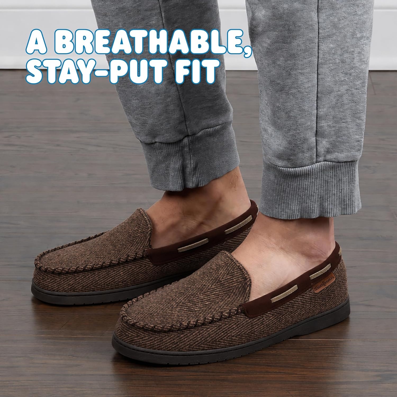 image:imageDearfoams Mens Keaton Moccasin House Shoes With Memory Foam Indoor Slippers With Wide WidthsBrown Heather