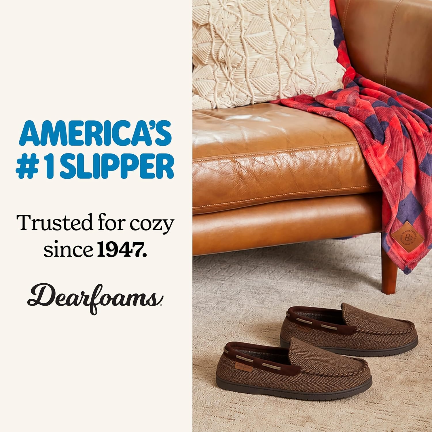 image:imageDearfoams Mens Keaton Moccasin House Shoes With Memory Foam Indoor Slippers With Wide WidthsBrown Heather