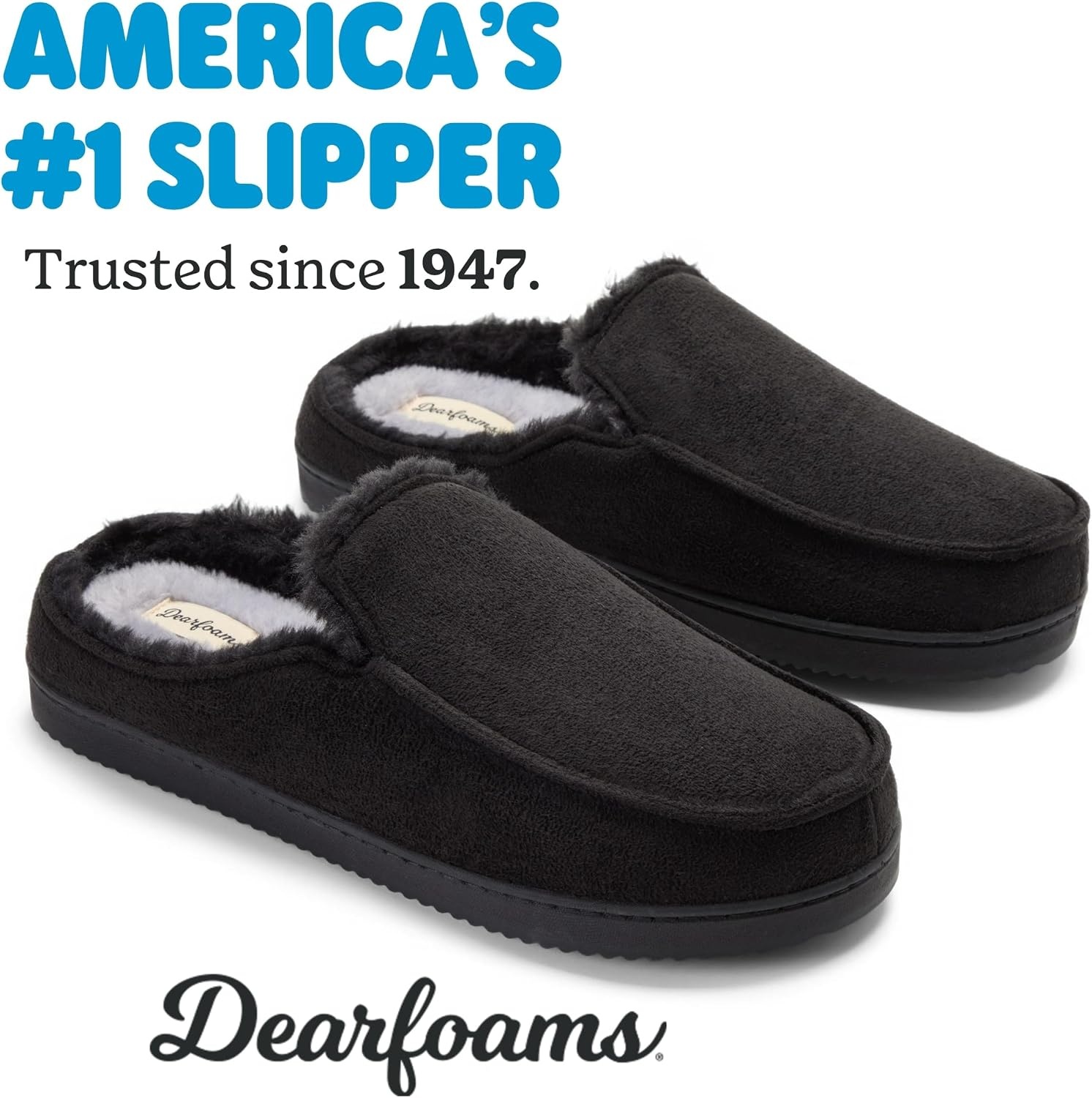image:imageDearfoams Mens Memory Foam House Shoes Microsuede Moc Toe Clog SlippersBlack