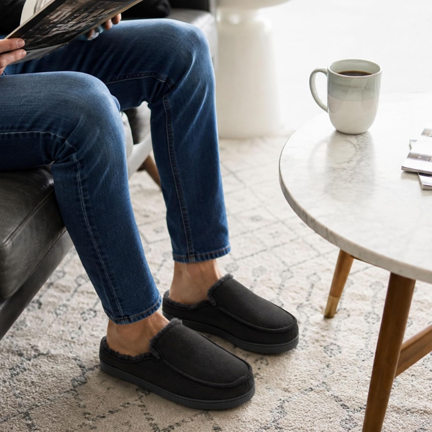 image:imageDearfoams Mens Memory Foam House Shoes Microsuede Moc Toe Clog SlippersBlack