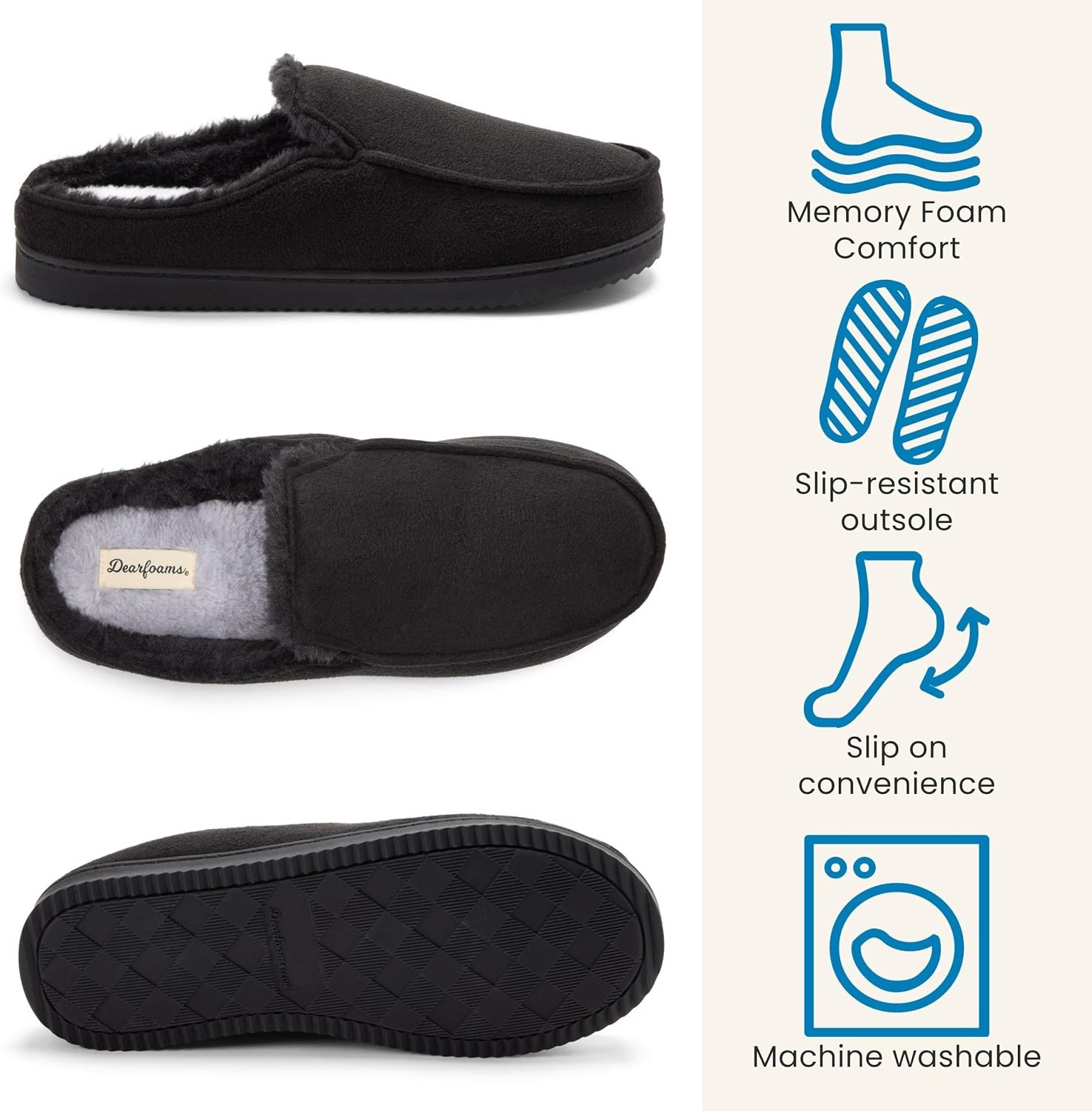 image:imageDearfoams Mens Memory Foam House Shoes Microsuede Moc Toe Clog SlippersBlack