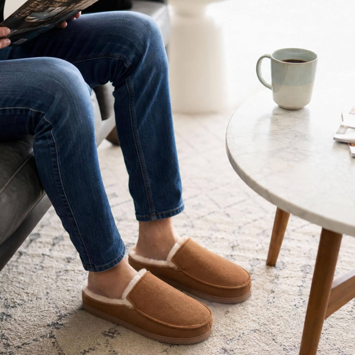 image:imageDearfoams Mens Memory Foam House Shoes Microsuede Moc Toe Clog SlippersChestnut Tan