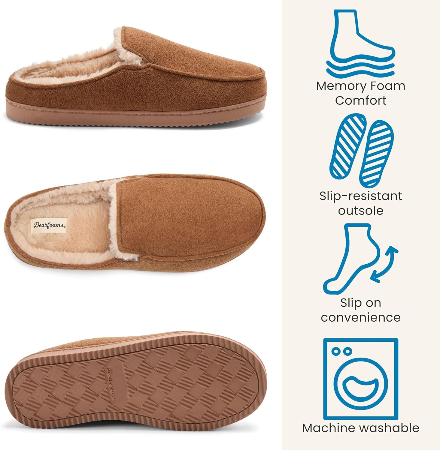 image:imageDearfoams Mens Memory Foam House Shoes Microsuede Moc Toe Clog SlippersChestnut Tan