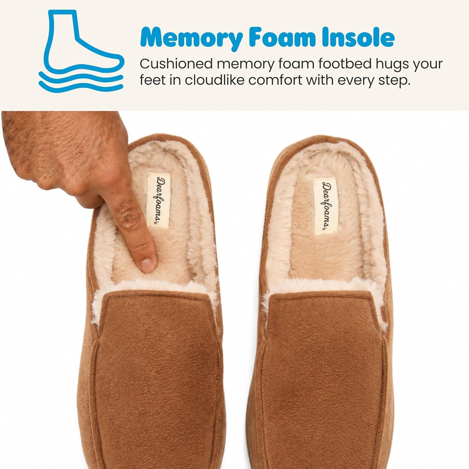 image:imageDearfoams Mens Memory Foam House Shoes Microsuede Moc Toe Clog SlippersChestnut Tan