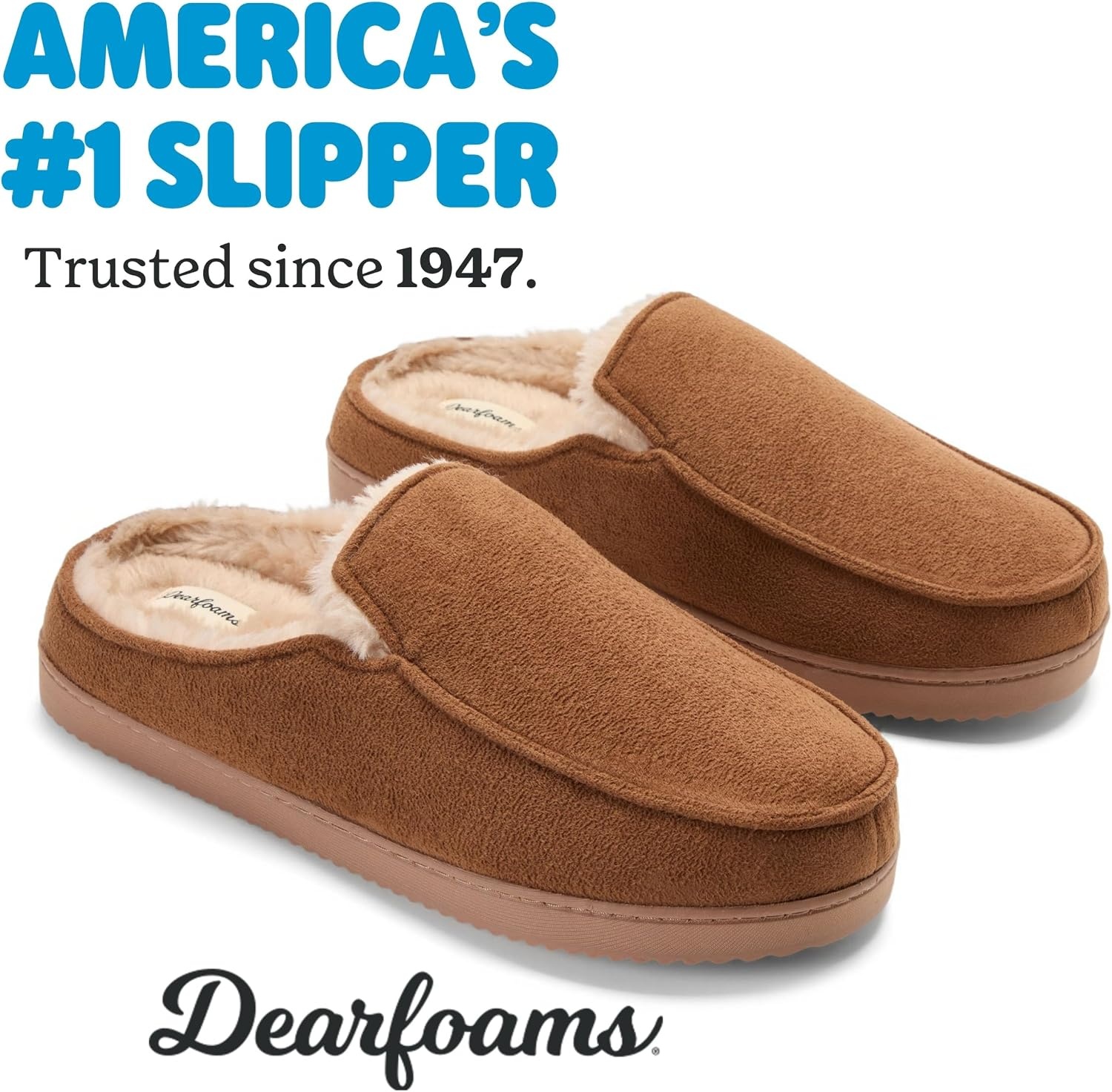 image:imageDearfoams Mens Memory Foam House Shoes Microsuede Moc Toe Clog SlippersChestnut Tan