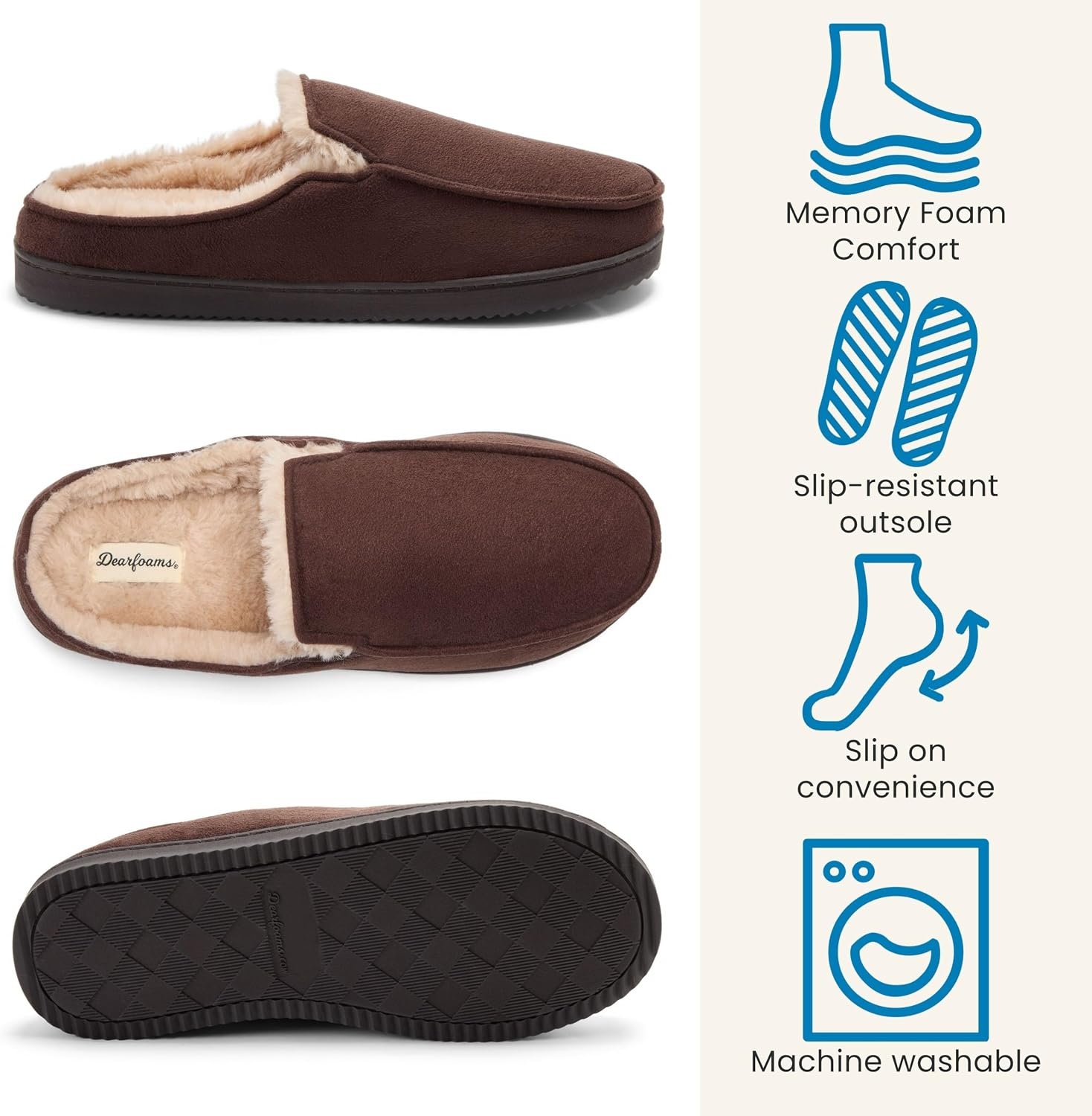 image:imageDearfoams Mens Memory Foam House Shoes Microsuede Moc Toe Clog SlippersCoffee Brown