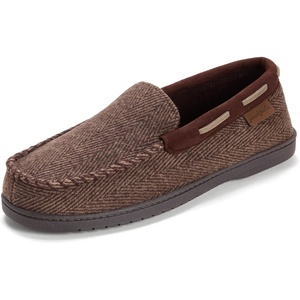 Dearfoams Men’s Keaton Moccasin House Shoes With Memory Foam, Indoor Slippers With Wide Widths(Brown Heather)