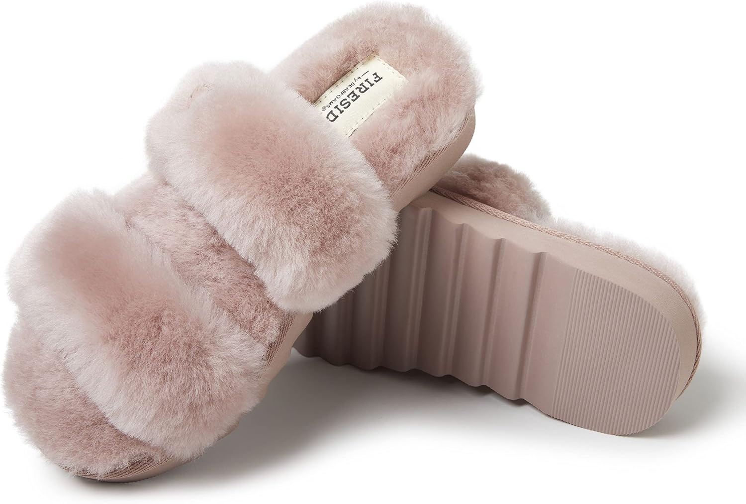 image:imageDearfoams Womens Fireside Benalla All Over Shearling Double Band Easy onOff SlideDusty Pink