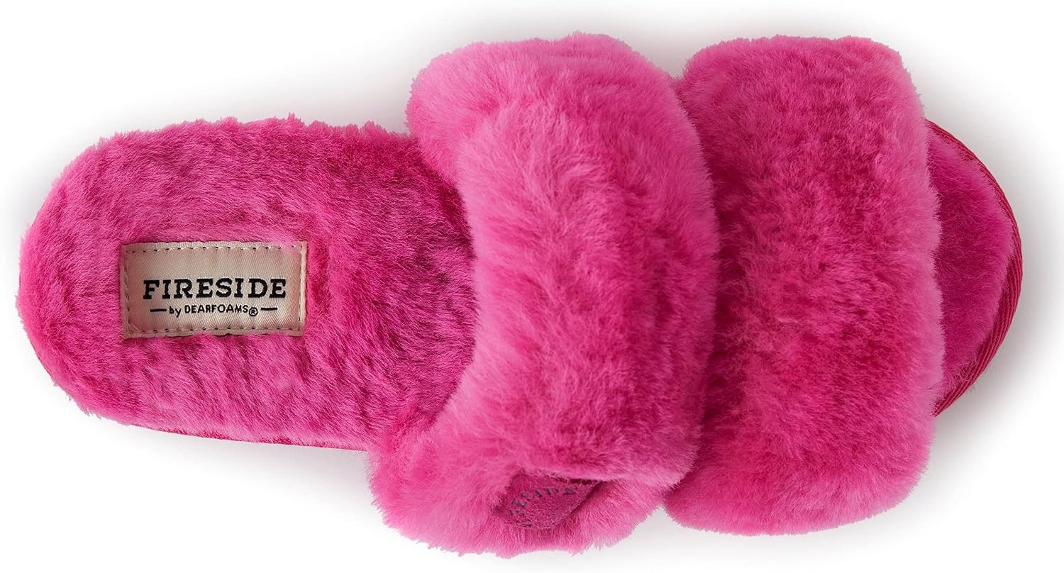 image:imageDearfoams Womens Fireside Benalla All Over Shearling Double Band Easy onOff SlideParadise Pink