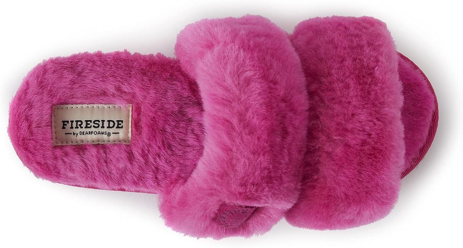 image:imageDearfoams Womens Fireside Benalla All Over Shearling Double Band Easy onOff SlideParadise Pink