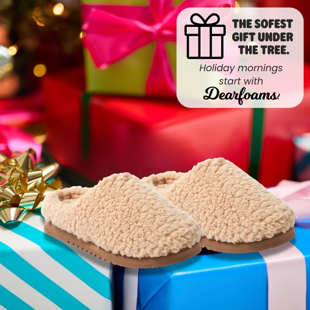 image:imageDearfoams Womens House Slippers Memory Foam Fuzzy Fiona Clog House ShoesLatte