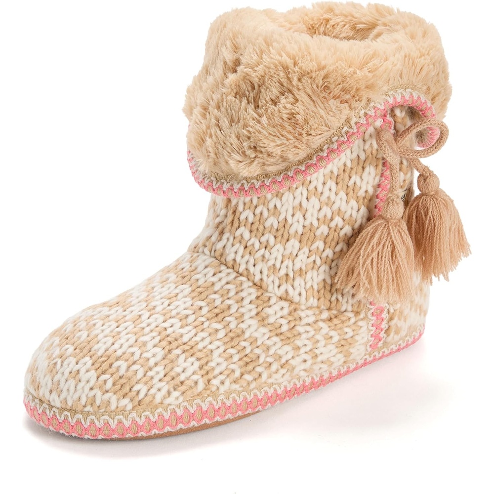 image:imageDearfoams womens Bootie Slipper Socks Memory Foam Fuzzy Indoor House Shoes Soft Knit Becky SlippersLatte