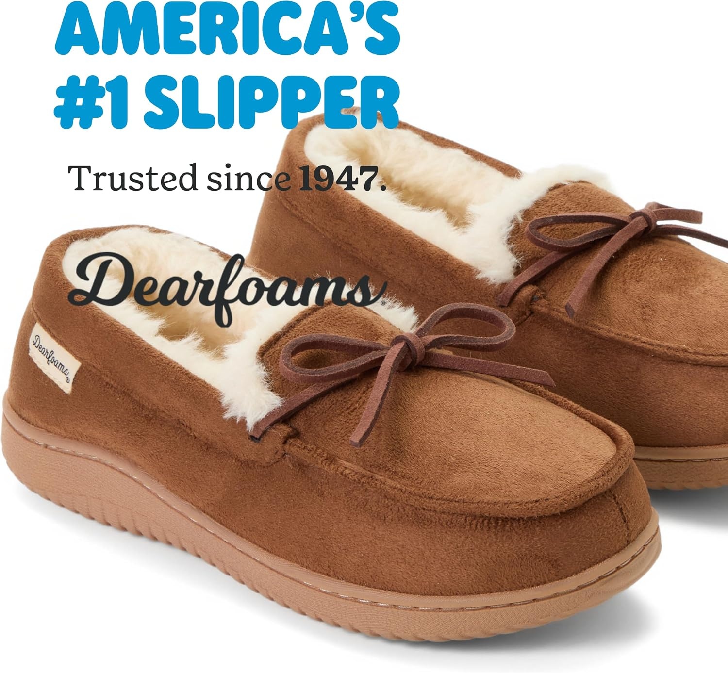 image:imageDearfoams womens Memory Foam House Shoes Microsuede Moccasin With Tie Plush Indoor Outdoor SlippersChestnut