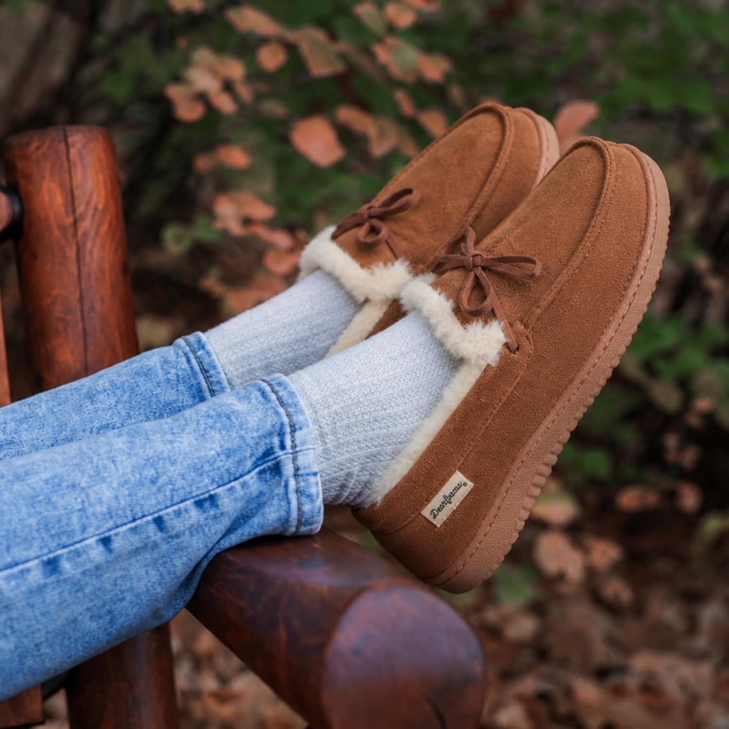 image:imageDearfoams womens Memory Foam House Shoes Microsuede Moccasin With Tie Plush Indoor Outdoor SlippersChestnut