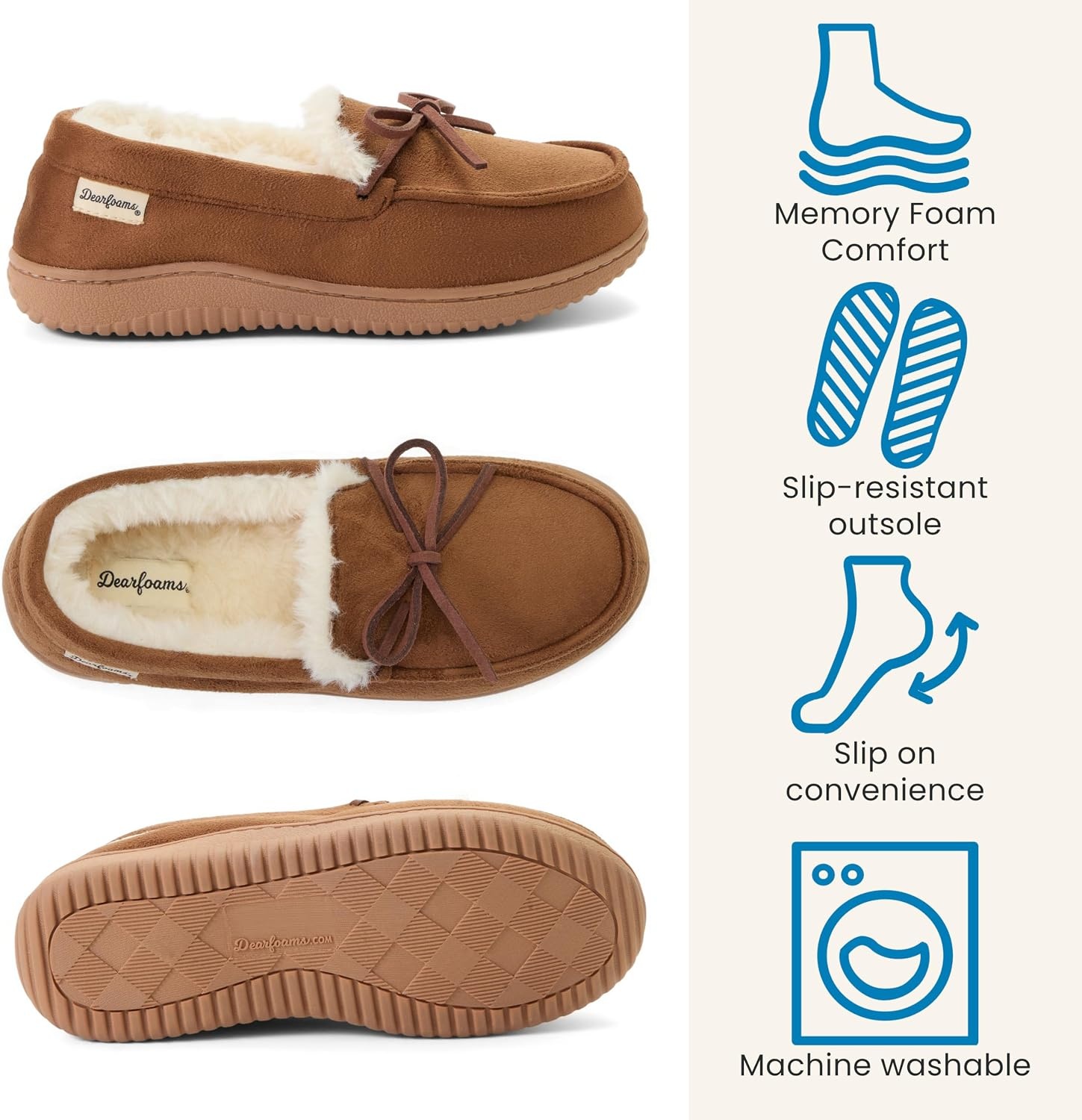 image:imageDearfoams womens Memory Foam House Shoes Microsuede Moccasin With Tie Plush Indoor Outdoor SlippersChestnut