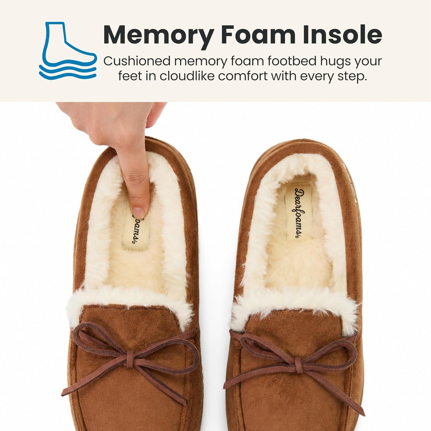 image:imageDearfoams womens Memory Foam House Shoes Microsuede Moccasin With Tie Plush Indoor Outdoor SlippersChestnut