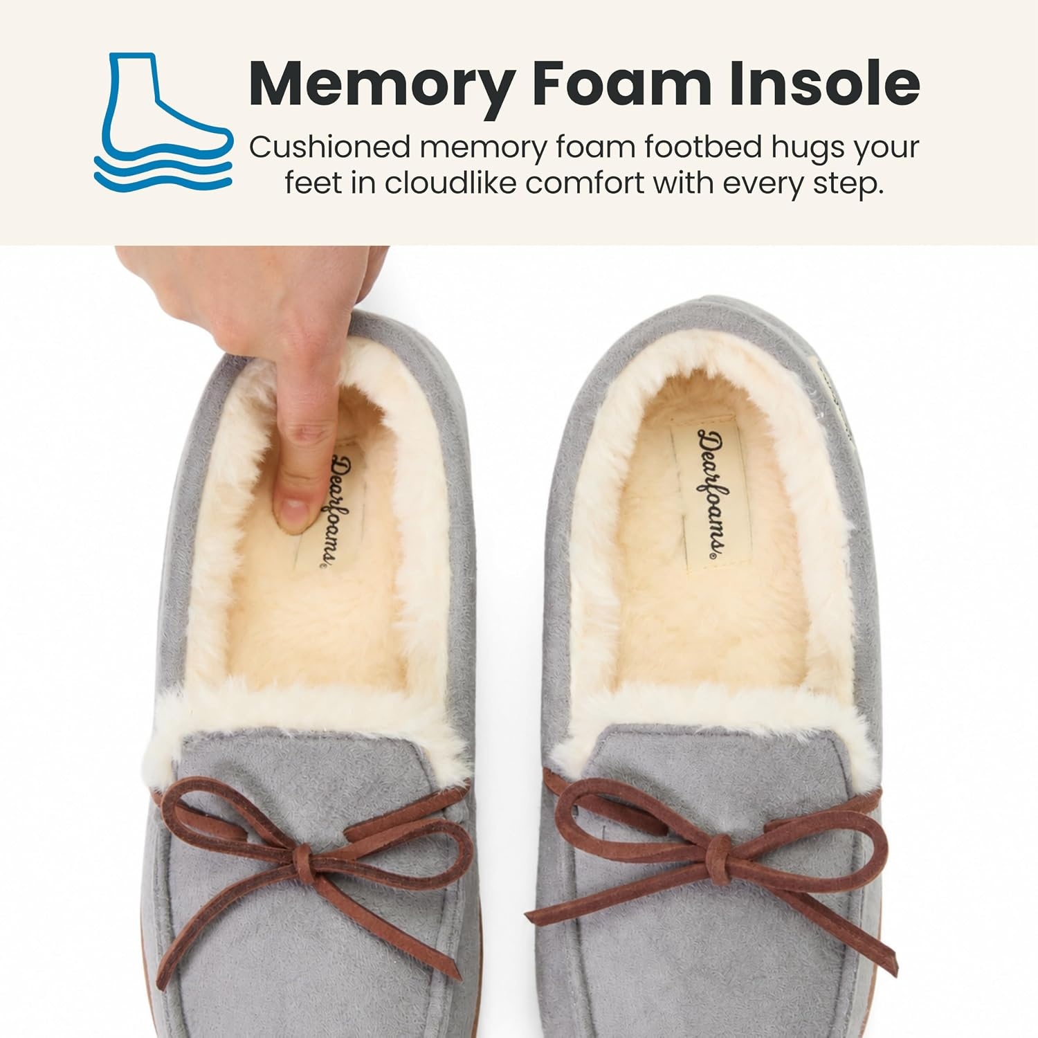 image:imageDearfoams womens Memory Foam House Shoes Microsuede Moccasin With Tie Plush Indoor Outdoor SlippersGrey
