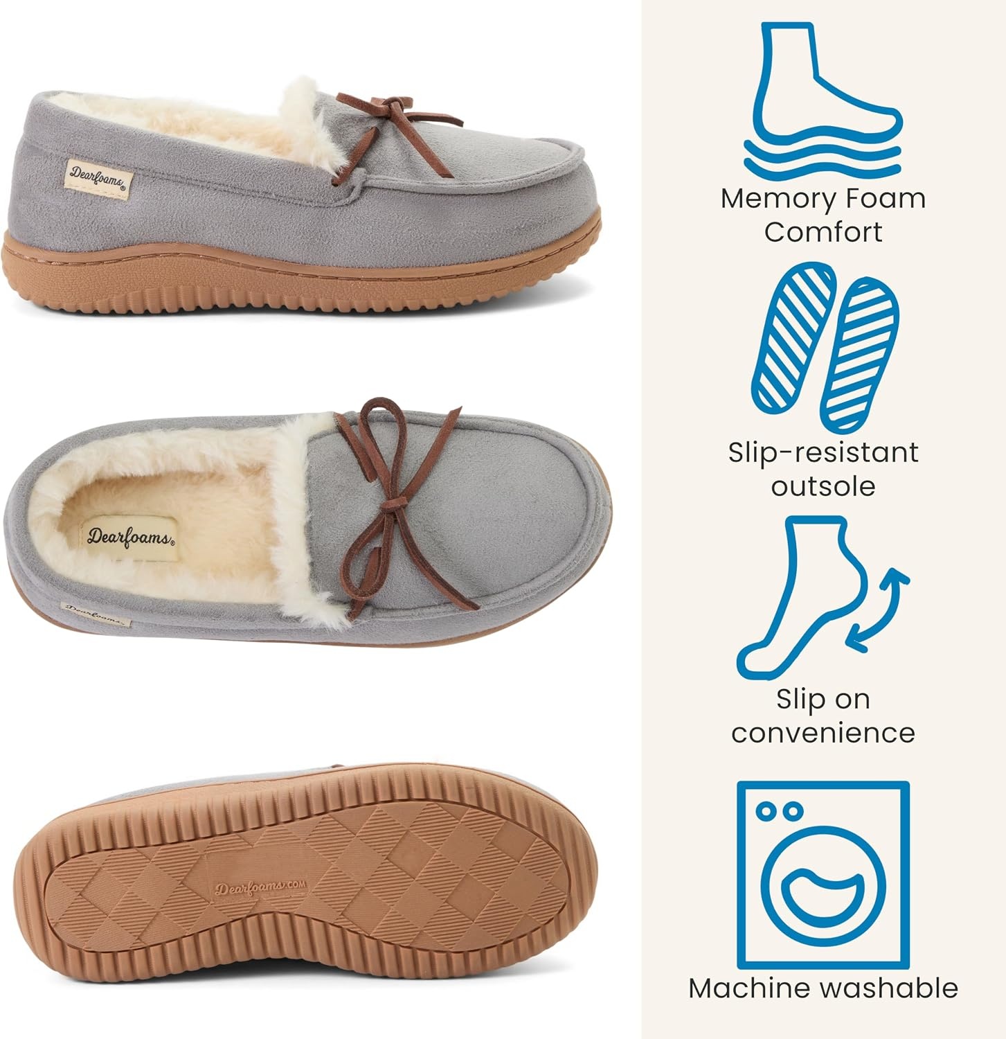 image:imageDearfoams womens Memory Foam House Shoes Microsuede Moccasin With Tie Plush Indoor Outdoor SlippersGrey