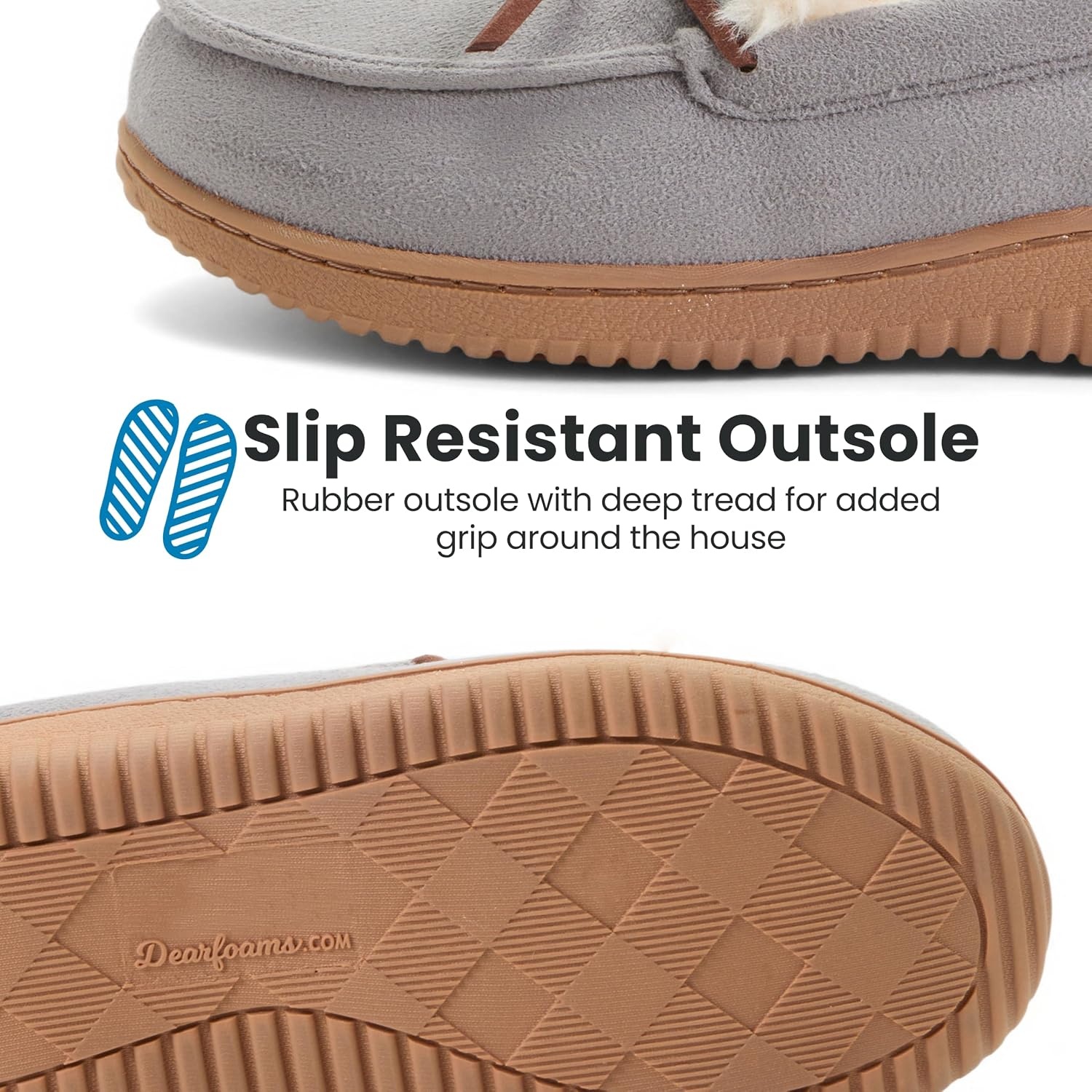 image:imageDearfoams womens Memory Foam House Shoes Microsuede Moccasin With Tie Plush Indoor Outdoor SlippersGrey